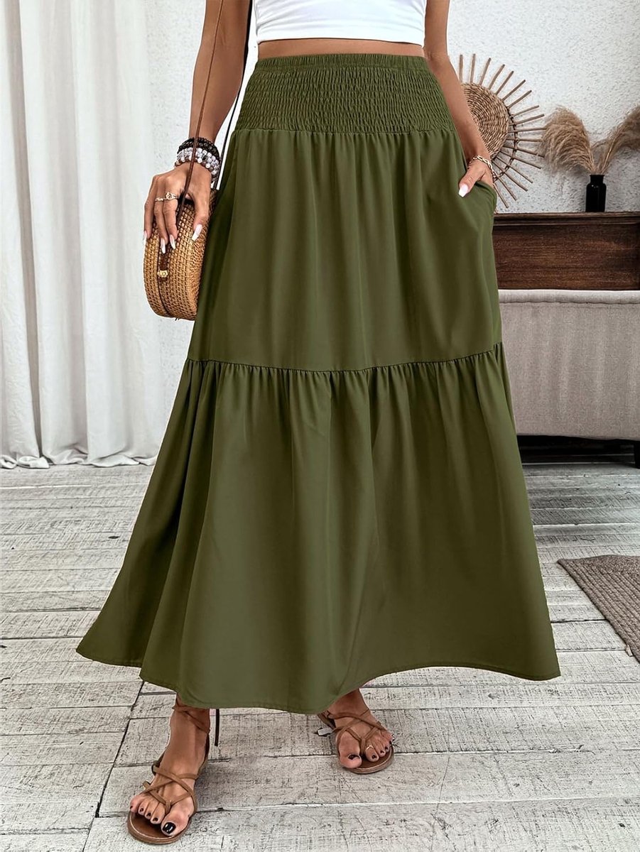 Zomerse Maxi Rok voor Dames, Boho A-lijn, Hoge Taille, Elastisch, Gedrukt, Casual en Chic, Perfect voor Strand en Vrijetijdgebruik