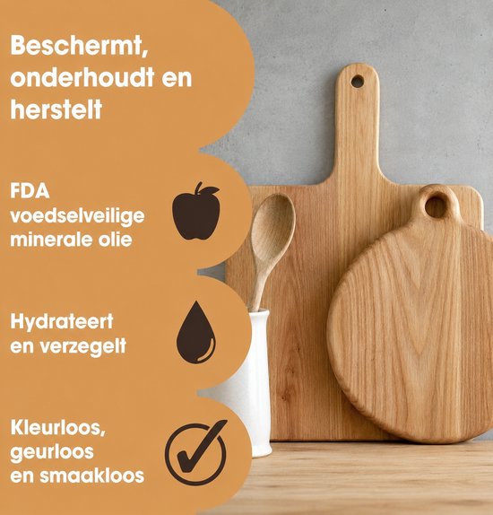 Twee houten snijplanken en een houten lepel. Product informatie over bescherming en herstel.