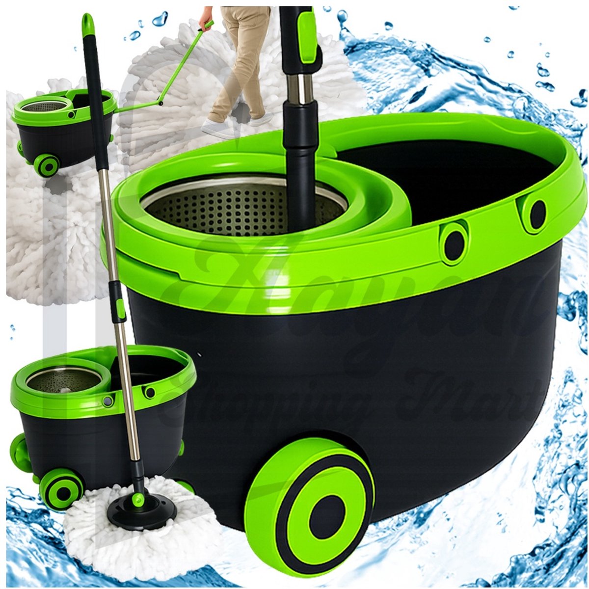 360° Roterende Mop met Emmer op Wielen – Spin Mop Set met 2 Microvezel Dweilen – spin mop set– roterende mop – microvezel mop – dweilset met wielen – mop met emmer – schoonmaakset vloer – 84800