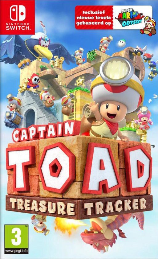 Cover van Captain Toad: Treasure Tracker met Toad en vrienden, boven een draak.