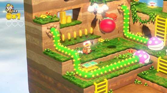 Toad met mijnlamp loopt op een terrasvormig landschap met groene planten en munten.