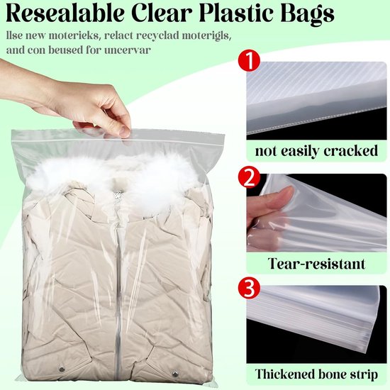 20 stuks 50 × 60 grote verzegelde zak opbergtas, grote hersluitbare doorzichtige plastic zakken, verdikking en duurzaam, opbergtas, geschikt voor katoenen kleding, katoenen broeken — afbeelding 5