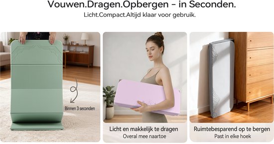 Groene, roze en grijze opvouwbare mats. Vrouw houdt een roze mat vast. Mats worden verticaal opgeborgen.