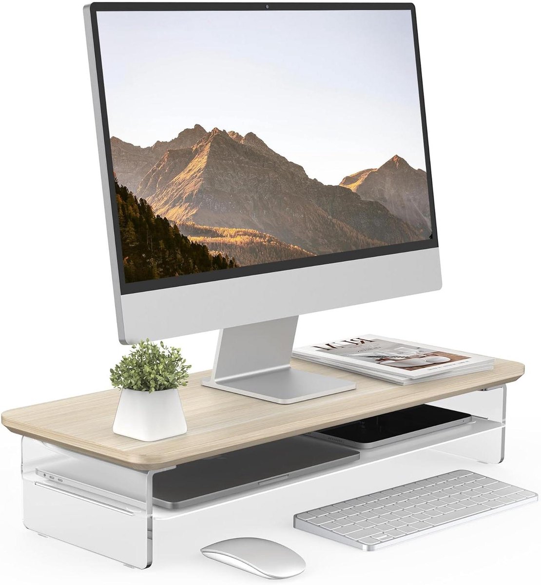 Monitor Verhoger - Bureau Organiser - Ergonomisch Werken - Stabiele Acryl Basis - 60cm Breed - Eiken Look