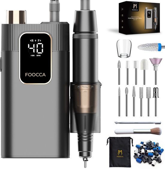 Foto: Foocca elektrische nagelvijl nagelfrees 40000 rpm oplaadbaar foocca portable 12 bitjes 65 schuurrolletjes 3 accessoires nagelstofkap manicure en pedicure set broekriemclip eeltverwijderaar kalknagels
