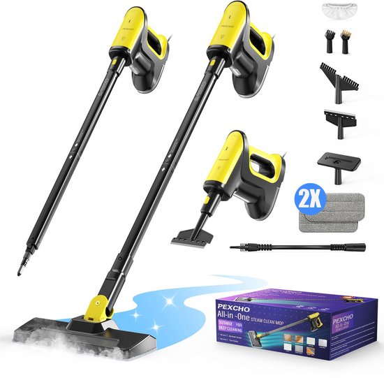 PEXCHO Stoomreiniger-Handstomer-Vlekkenreiniger- 120° Stoom -1500W-Stoomdweil-Elektrische Dweil-Handstoomreiniger-5M Snoer - Inclusief 2 Microvezeldoekjes