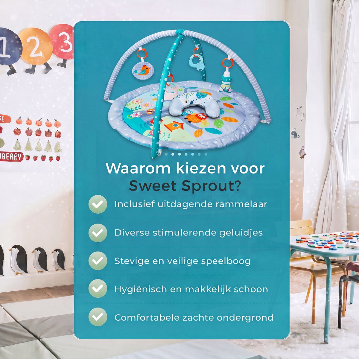 Babygym met boog - Speelmat - Baby speelgoed - Babyshower - Boxkleed - Speelkleed - Speelmat baby - 5 Speeltjes - Inclusief Rammelaar - Met speelboog - Blauw — afbeelding 3