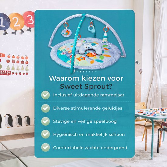Babygym met boog - Speelmat - Baby speelgoed - Babyshower - Boxkleed - Speelkleed - Speelmat baby - 5 Speeltjes - Inclusief Rammelaar - Met speelboog - Blauw — afbeelding 3