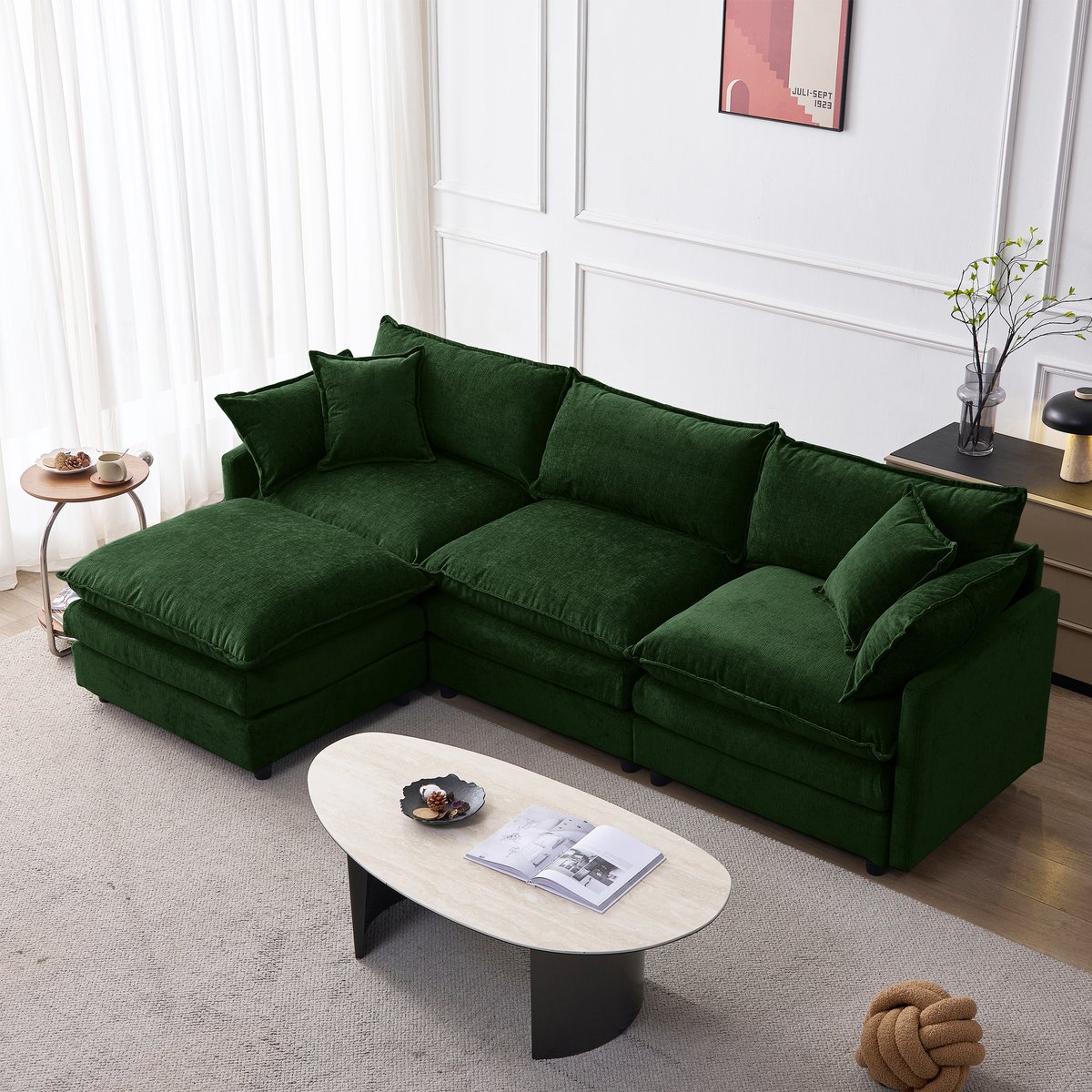 Wishdor Modulaire Hoekbank - 3-Zits Met Chaise Longue En Hocker - Modern - Voor Woonkamer - Chenille - Groen - L-Vormig