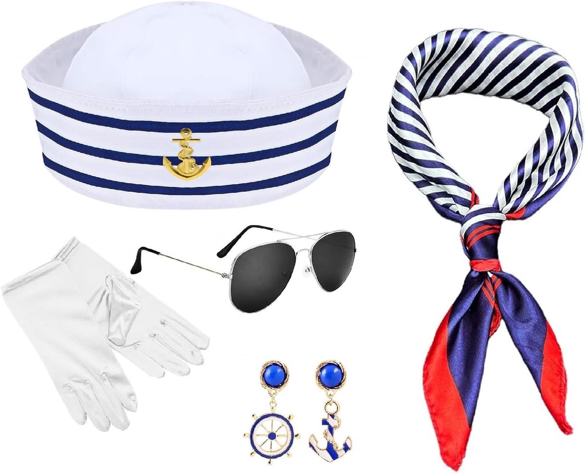 Vrouwelijk zeeman kostuum set met hoed, zonnebril, oorbellen en handschoenen voor feesten en cosplay