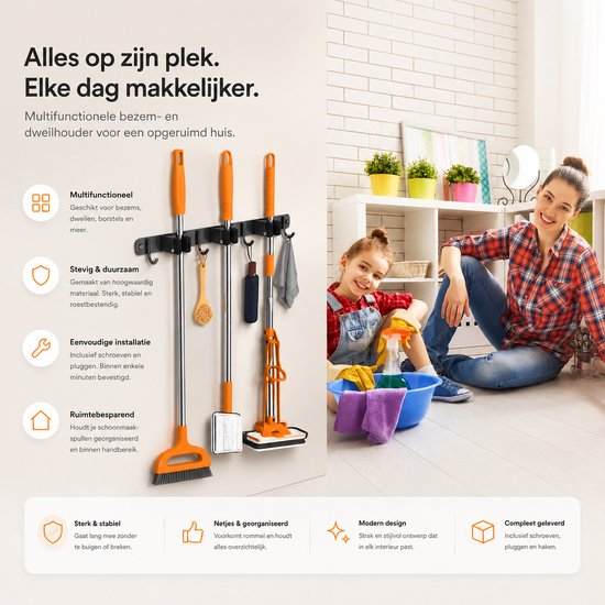 BOTC Bezemhouder - Bezemhouder ophangsysteem - Tuingereedschap - 3 Houders 4 Haken - 304 RVS - 3M Tape - Zwart van BOTC — afbeelding 5