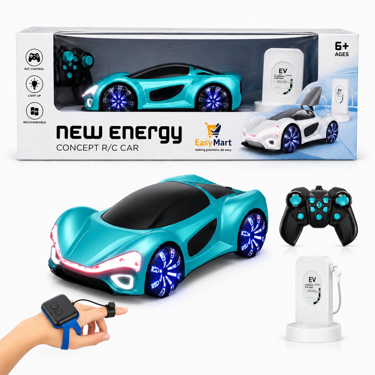 EasyMart RC Stuntauto Blauw met Afstandsbediening en Handgebaarbesturing – 2.4GHz – Oplaadbare Stuntauto met LED Verlichting, Waterspray & 360° Rotaties – Vanaf 6 Jaar