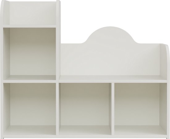 Witte opbergkast met vier open vakken en twee hogere, gesloten vakken.