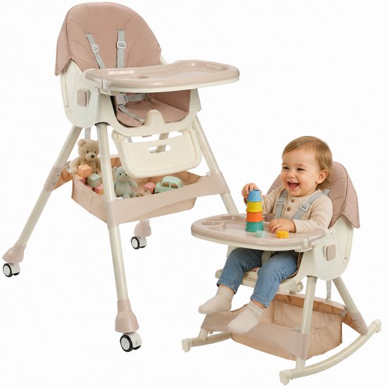 ComfyKidz® Inklapbare 4 in 1 Kinderstoel met Schommelfunctie - Met Voetensteun - Meegroeistoel met Opbergmand - 0 tot 5 Jaar - Peuterstoel - Baby Eetstoel met Wieltjes - Roze