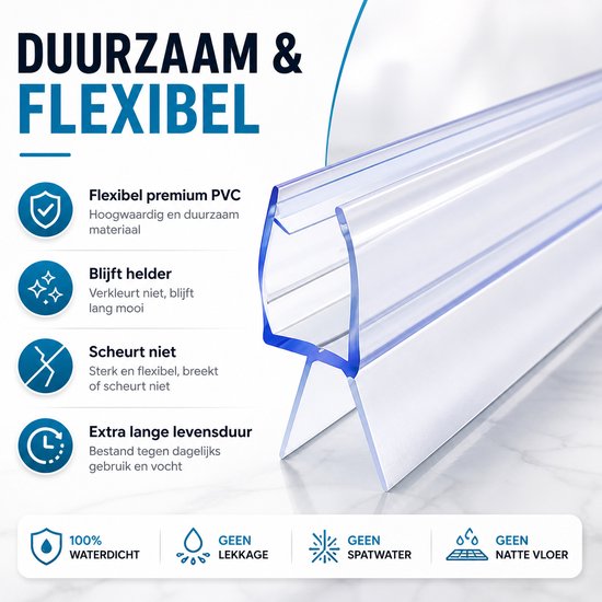 Duurzame en flexibele douchedeurafdichting van premium PVC. Blijft helder, scheurt niet, extra lange levensduur.