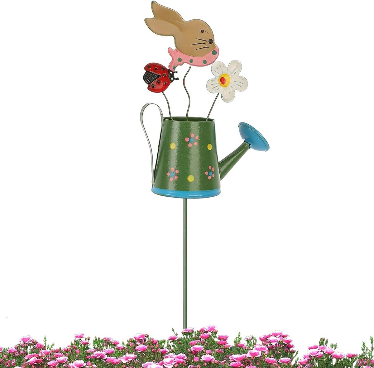 Tuinsteker met gieter - Plantensteun decoratie - Tuin decoreren - Vrolijk lieveheersbeestje ontwerp - 8 x 33 cm - Veelkleurig
