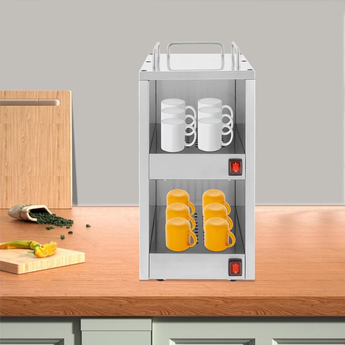 Roestvrijstalen Mokkenwarmer - Bordenwarmer Vitrine - Horeca Gebruik - Dubbele Verwarmingscompartimenten - 25 x 32 x 555 cm - Zilver
