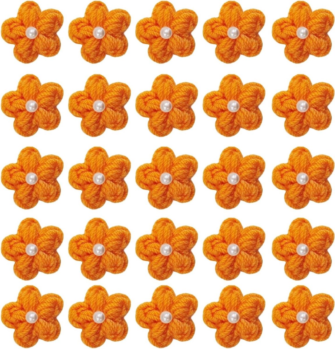 Gebreide bloemenpatches - Gehaakte bloemen applicatie - Ambachten versieren - Handgemaakt met parel - 3 cm - Oranje