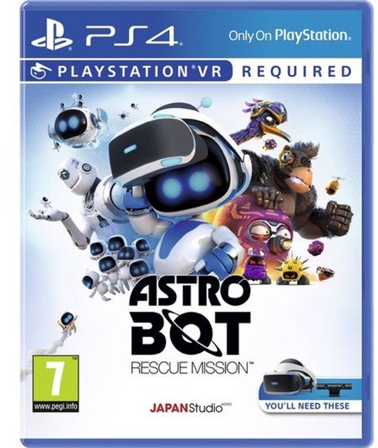 PlayStation 4 game cover 'Astro Bot Rescue Mission' met Astro en vrienden, inclusief VR headset.