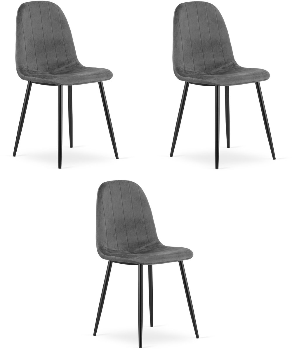 Set van 3 eetkamerstoelen PADVA – Donkergrijs fluweel – Zwarte metalen poten – Modern design