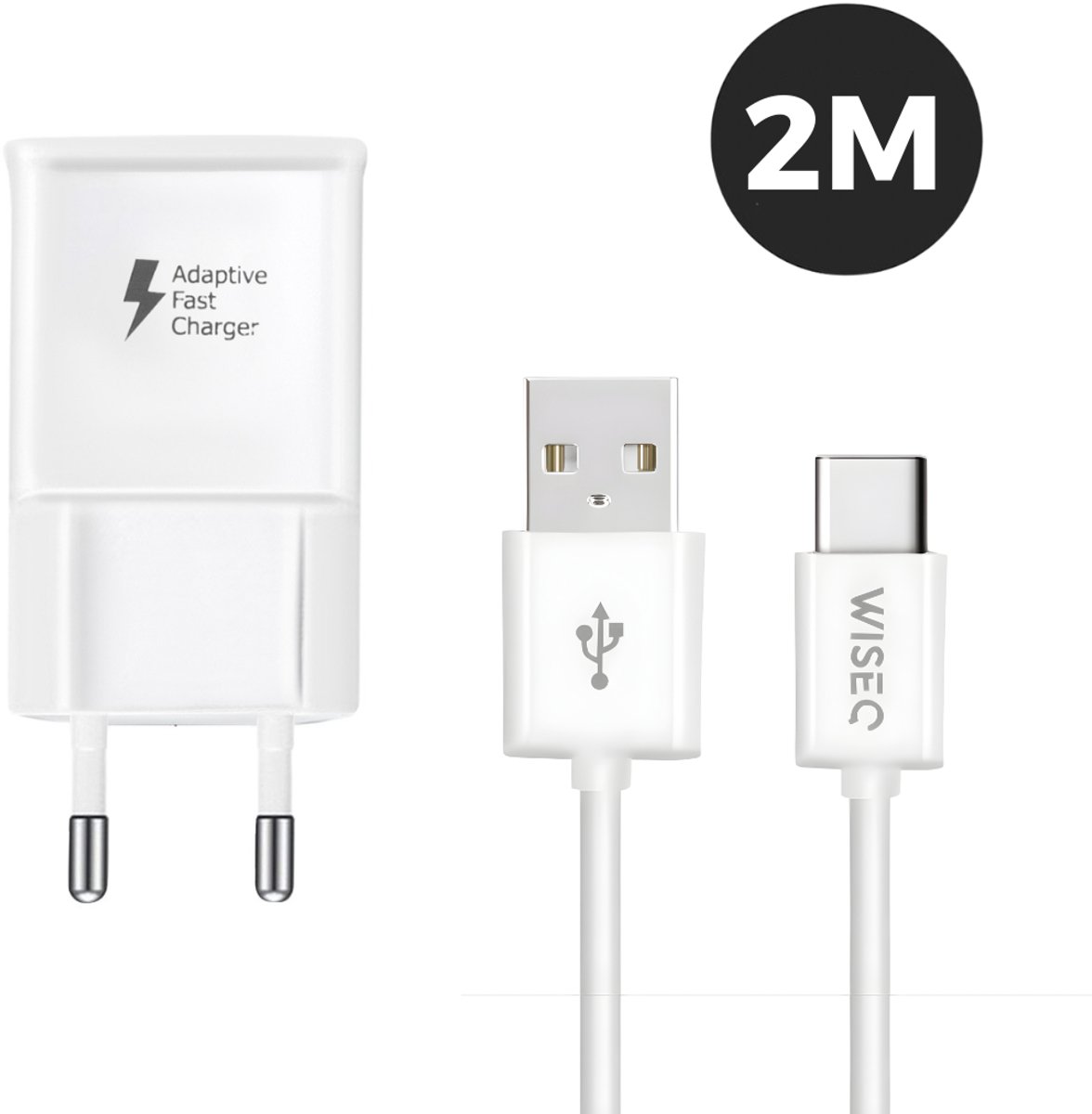 WISEQ Oplader voor Samsung inclusief USB C oplaadkabel - 2 meter - Smart Fast Charger – wit