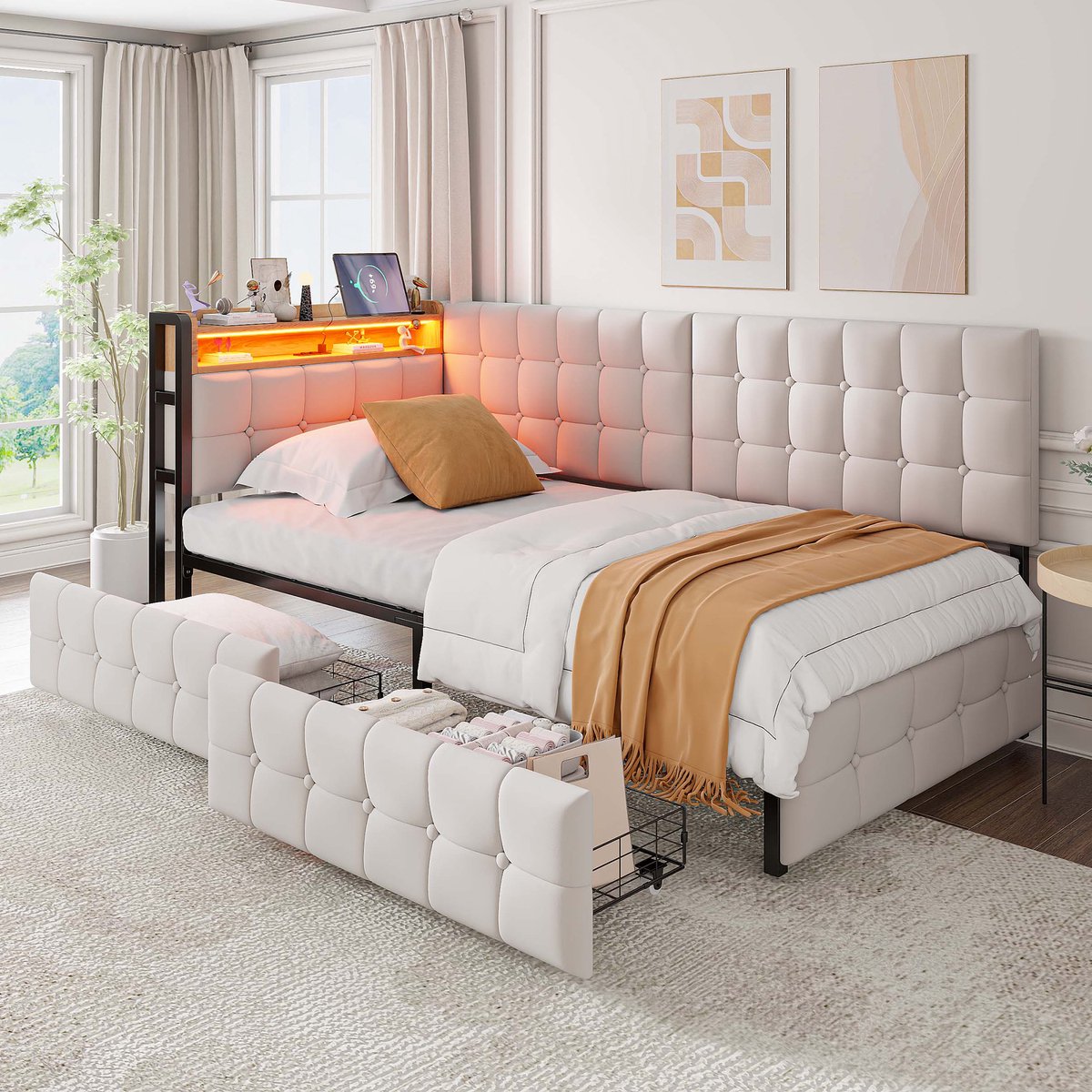 Lemonbest Slaapbank 90x200 cm - kinderbed daybed met 2 opberglades - LED verlichting - USB en USB C - gestoffeerd eenpersoonsbed - beige