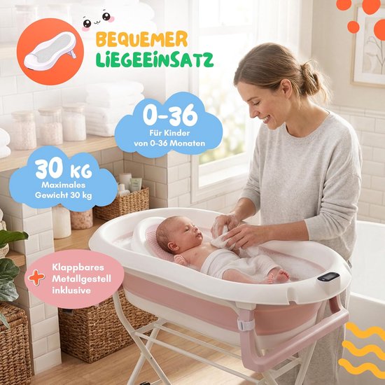 moovkee. Babybad met Standaard 80 cm - Opvouwbare Babybadewanne Roze met Thermometer, Badesitz en Afvoersysteem - Veilig Babybad voor Pasgeborenen van Moovkee — afbeelding 4