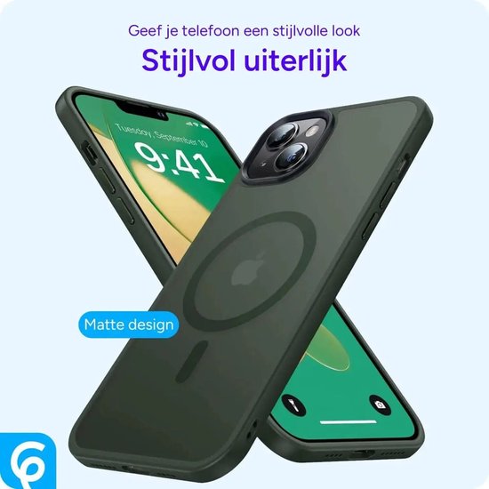 Donkergroene telefoonhoes met matte afwerking, compatibel met MagSafe.
