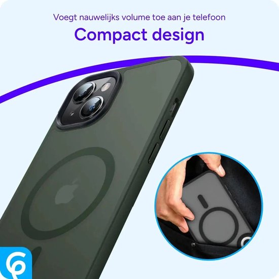 Donkergroen hoesje met MagSafe-ring en Apple-logo, bijna geen volume aan de telefoon toegevoegd.