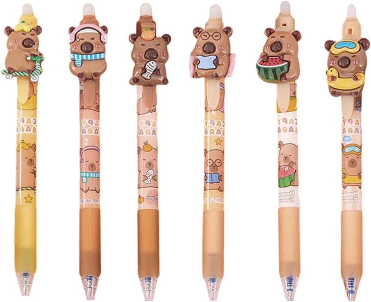 6 Stuks Witte Uitwisbare Balpen, 0.5mm Rollerbal met Cartoon Capybara Patroon, Ideaal voor School en Kantoor, Herbruikbare Inkt en Creatief Schrijven
