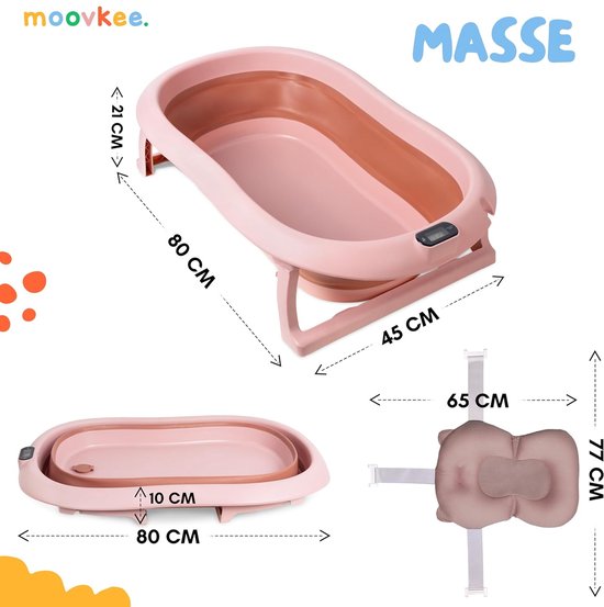moovkee. Opvouwbaar Babybadje 80 cm Donkerroze met Thermometer & Badkussen - Antislip Draagbaar Babybad voor 0-36 Maanden van Moovkee — afbeelding 5