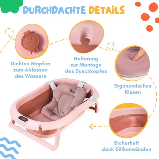 moovkee. Opvouwbaar Babybadje 80 cm Donkerroze met Thermometer & Badkussen - Antislip Draagbaar Babybad voor 0-36 Maanden van Moovkee — afbeelding 2
