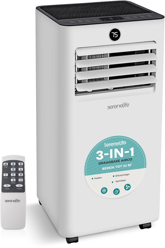 Mobiele airco 9000 BTU SereneLife – koelen, ventileren, ontvochtigen tot 31 m², inclusief afvoerslang en raamkit