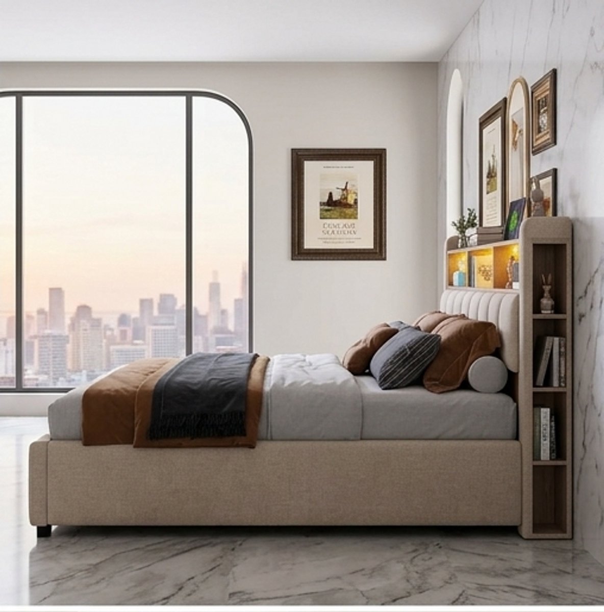 Luxe Gestoffeerd Opbergbed 180x200 met LED Verlichting, USB & USB-C, Hydraulische Opbergruimte en Hoofdbord met Planken - Tweepersoons Bed Beige - Mobili Bella