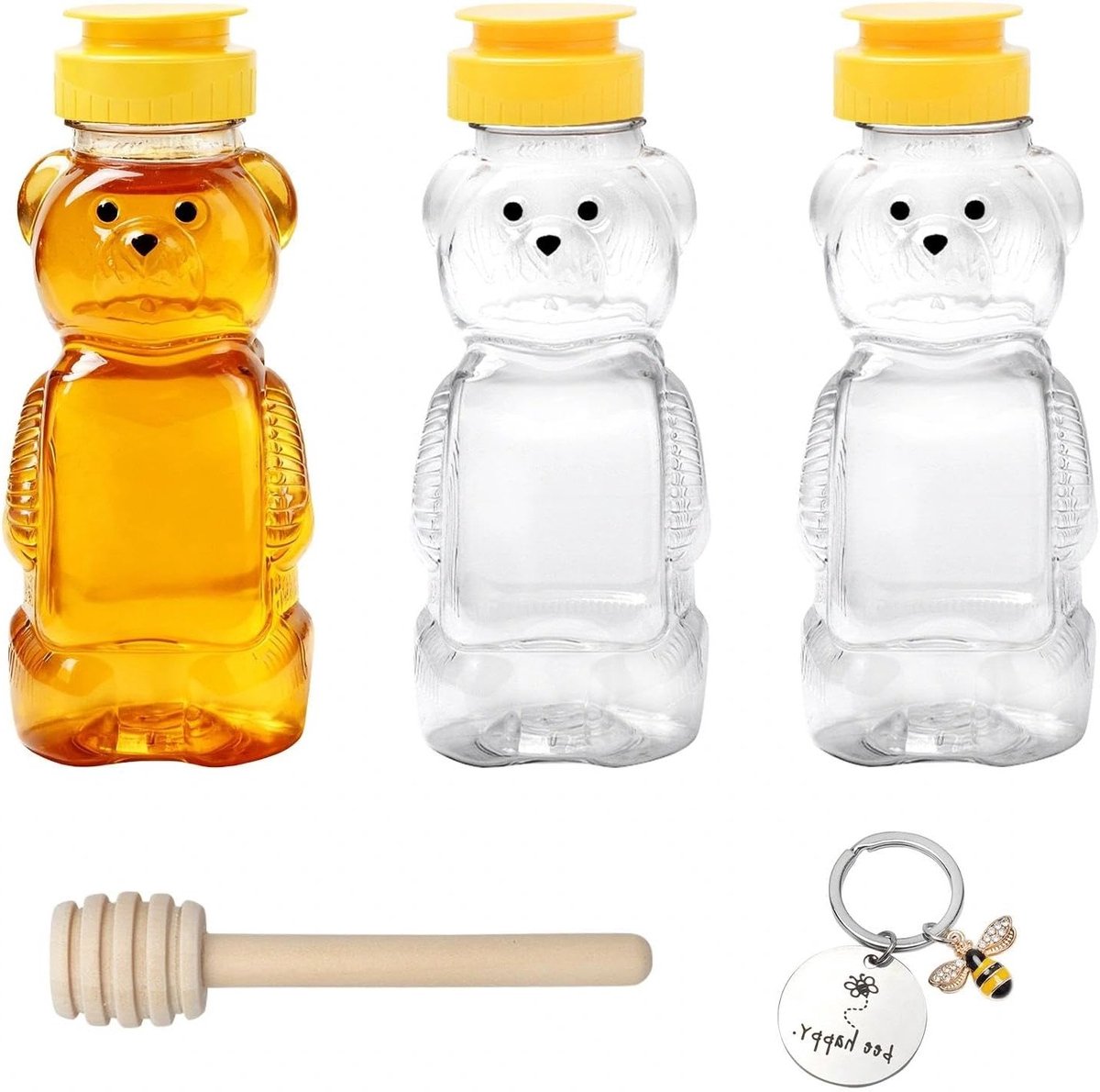Honingdispenser met Transparante Fles, 250 ml, Inclusief Honinglepel en Sleutelhanger, Ideaal voor Keuken, Syrup en Ketchup Gebruik