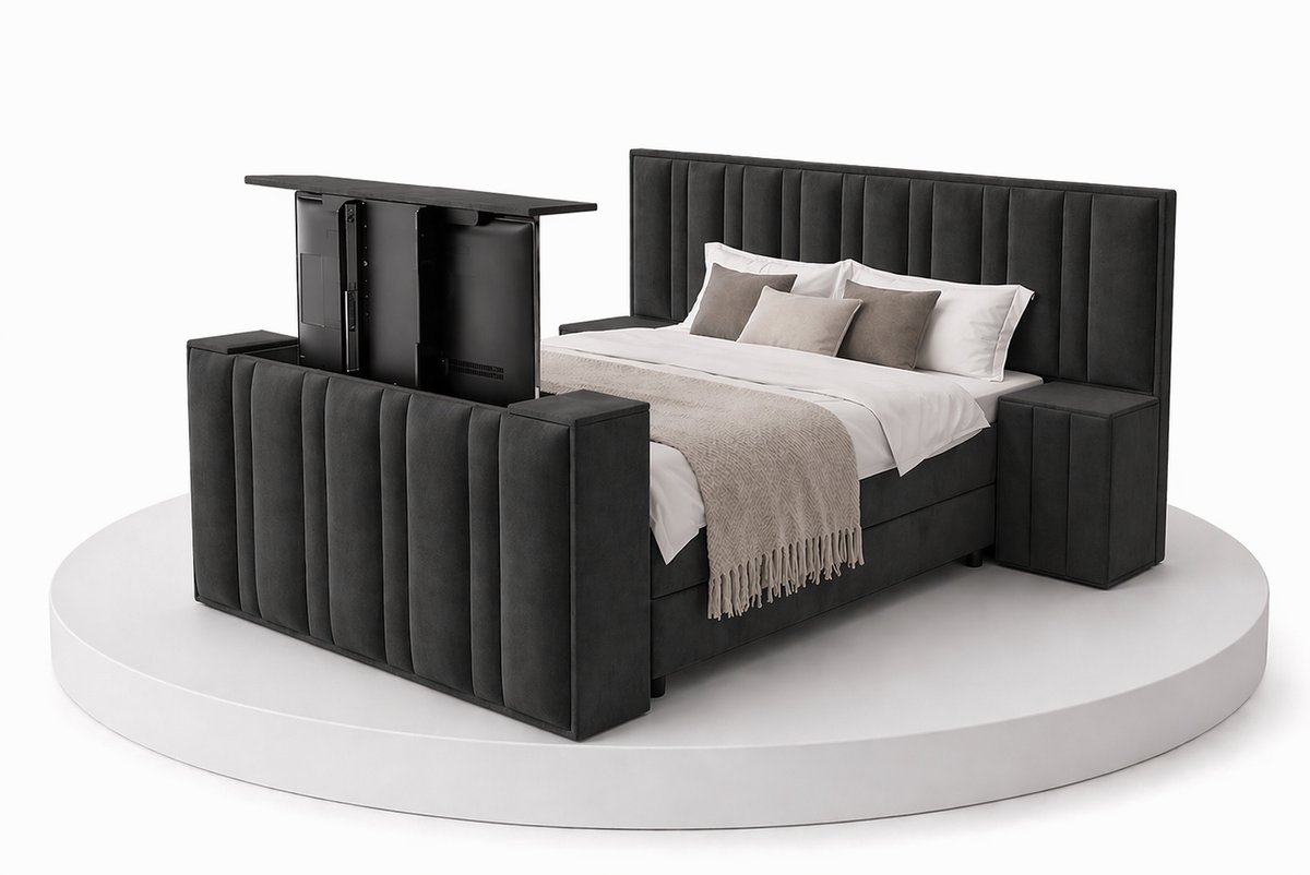 Boxspring CineLux TV-Lift - 200x220 Compleet - Met nachtkastjes - Antraciet - BalBedden