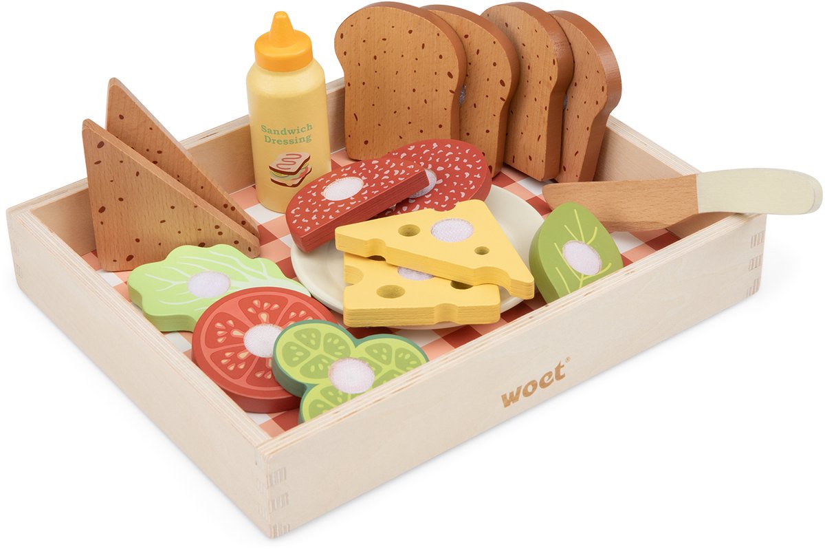 Woet® Houten Sandwich Set - "Maak Je Eigen Broodjes" Speelset met 16+ Accessoires - Rollenspel Speelgoedeten - Educatief Keuken Speelgoed - Vanaf 2 jaar — afbeelding 2