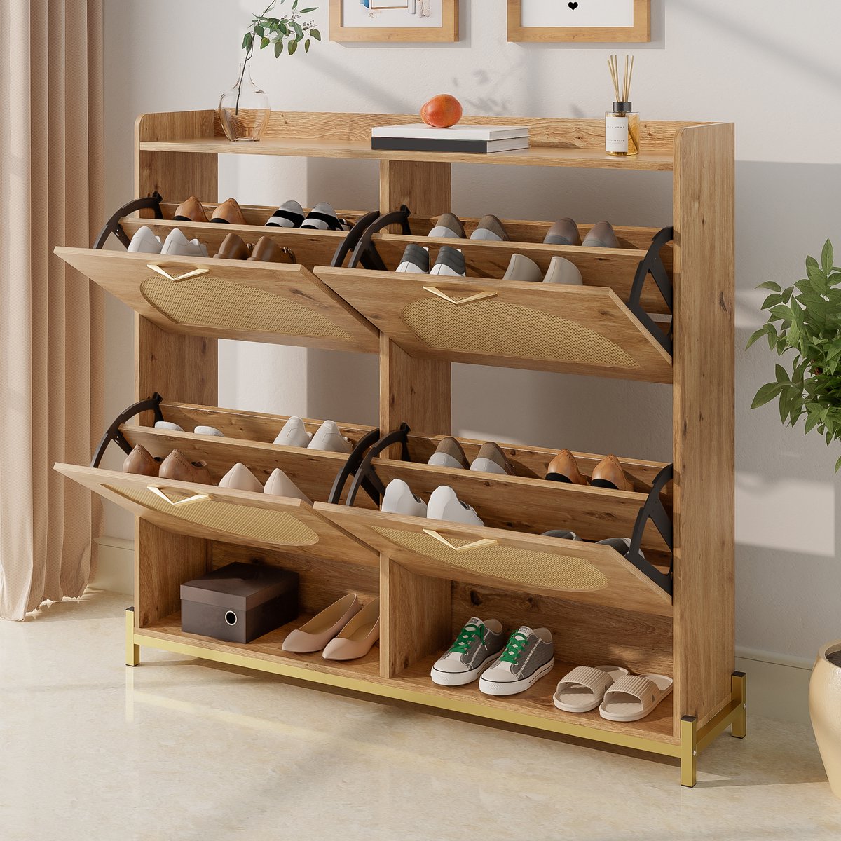 MODENUIT Schoenenkast - Gesloten Opbergruimte Met Bovenplank - Voor Hal En Gang - MDF En Metaal - 108,5x24x100 cm Houtkleur