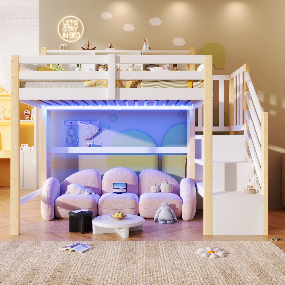 Merax Hoogslaper 90x200 cm - met LED-verlichting - opbergladder - open opbergvakken - zonder matras - wit en houtkleur