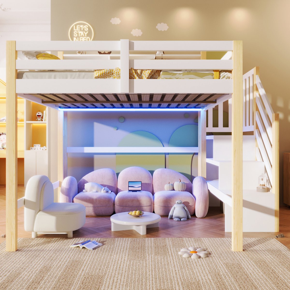 Merax Hoogslaper 140x200 cm - met LED-verlichting - opbergladder - open opbergvakken - zonder matras - wit en houtkleur