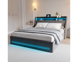 Gestoffeerd bed met ledverlichting, USB-laadstation, tweepersoonsbed 140x190 cm met lattenbodem en hoofdbord, kinderbed, linnen stof, grijs, zonder matras