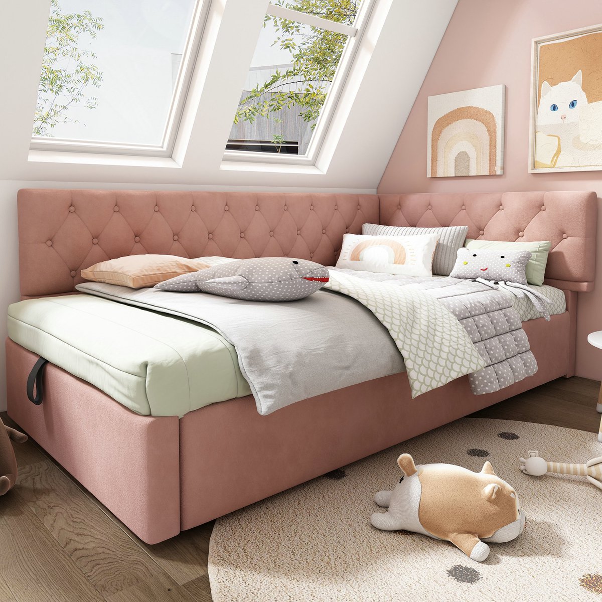 VVBV Slaapbank 90x190 – Daybed en Gestoffeerd Bed van Fluweel – met Opbergruimte, Lattenbodem en Zonder Matras – Roze – Hoofdbord – Bedbank Pink