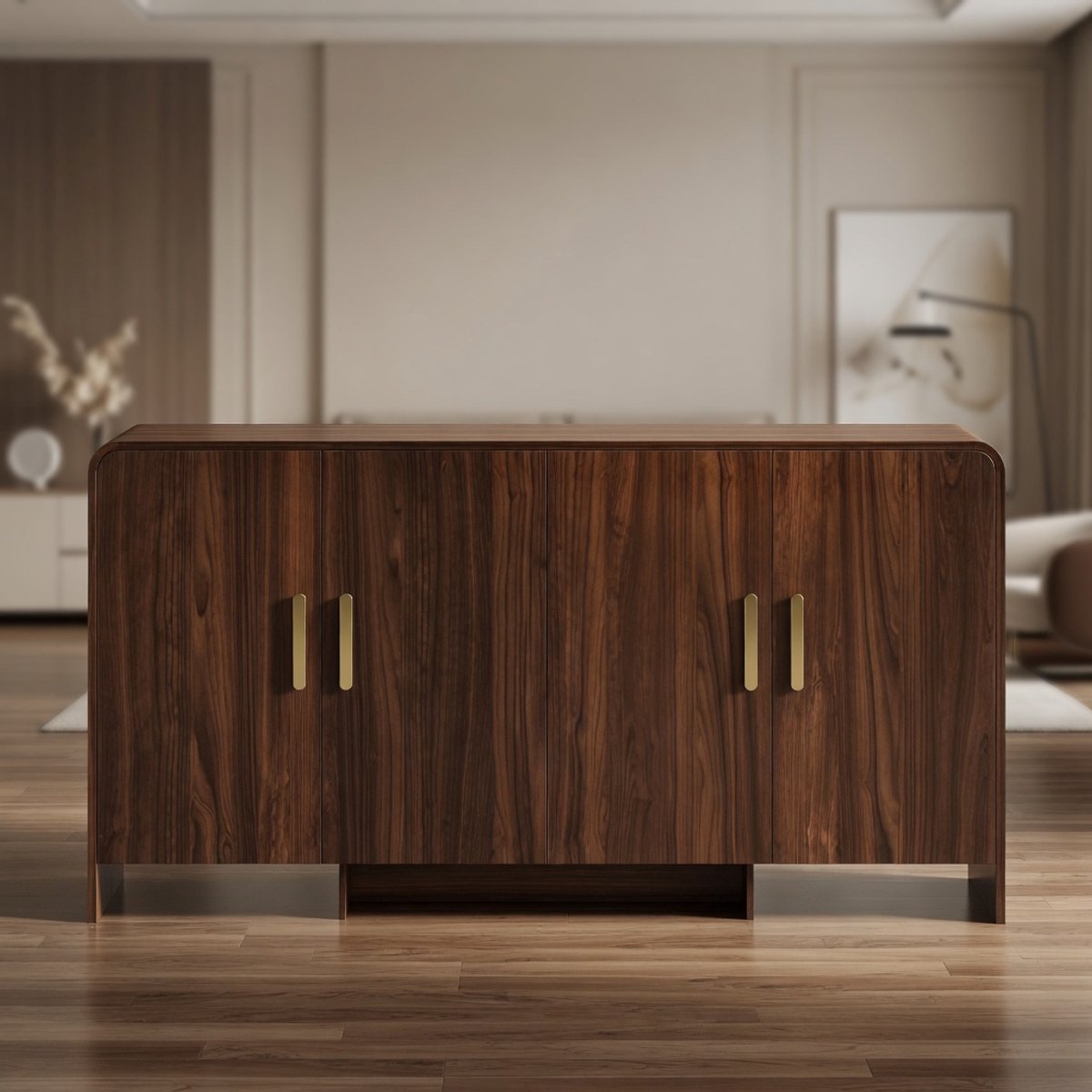 Moderne Walnoot Dressoir 152 cm – TV Meubel & Buffetkast tot 72 inch met Soft-Close Deuren en 4 Opbergvakken – Multifunctionele Opbergkast voor Woonkamer of Keuken – Mobili Bella .