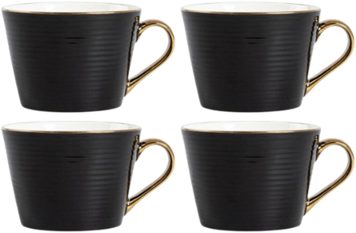 Homla - Renne Mok - Grote Koffiemok - Set van 4 - Theemok - Cappuccino Mok - Vaatwasser Bestendig - 450 ml - Keramiek - 15 x 12 x 9 cm - Zwart