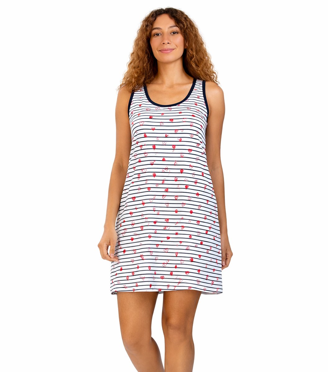 Comtessa - Dames Nachthemd – Mouwloos - 90 cm – Gestreept met Hartjes – 100% Katoen - maat 48