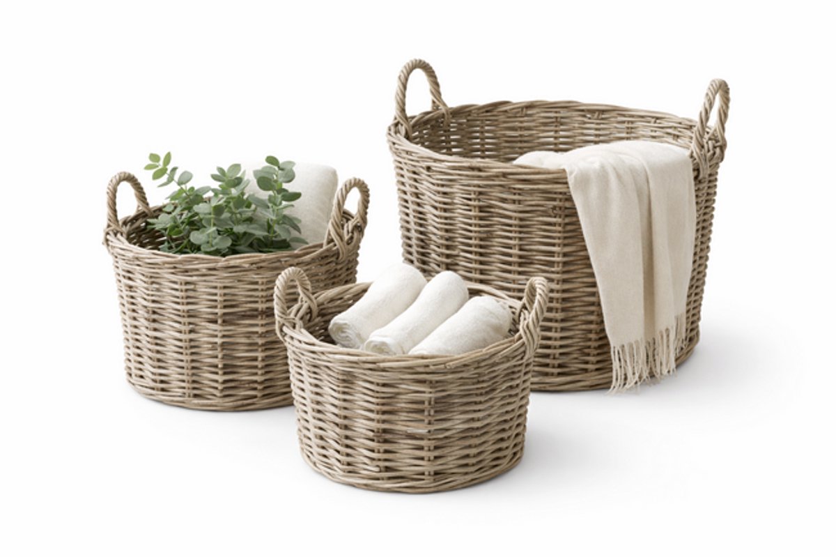 Ronde Rotan Mand - Ø47xH35 cm - Mand Met Handvat - Plantenmand - Opbergmand