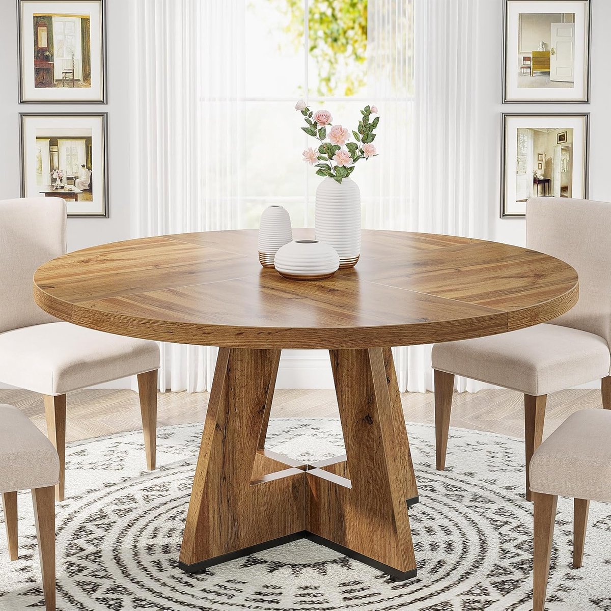 Ronde Eettafel 120 cm - Houten Keukentafel voor 4 Personen - Rustiek Design met Houten Poten - Boerderij Stijl - Burlywood- 120x120x75 cm - Vermissen