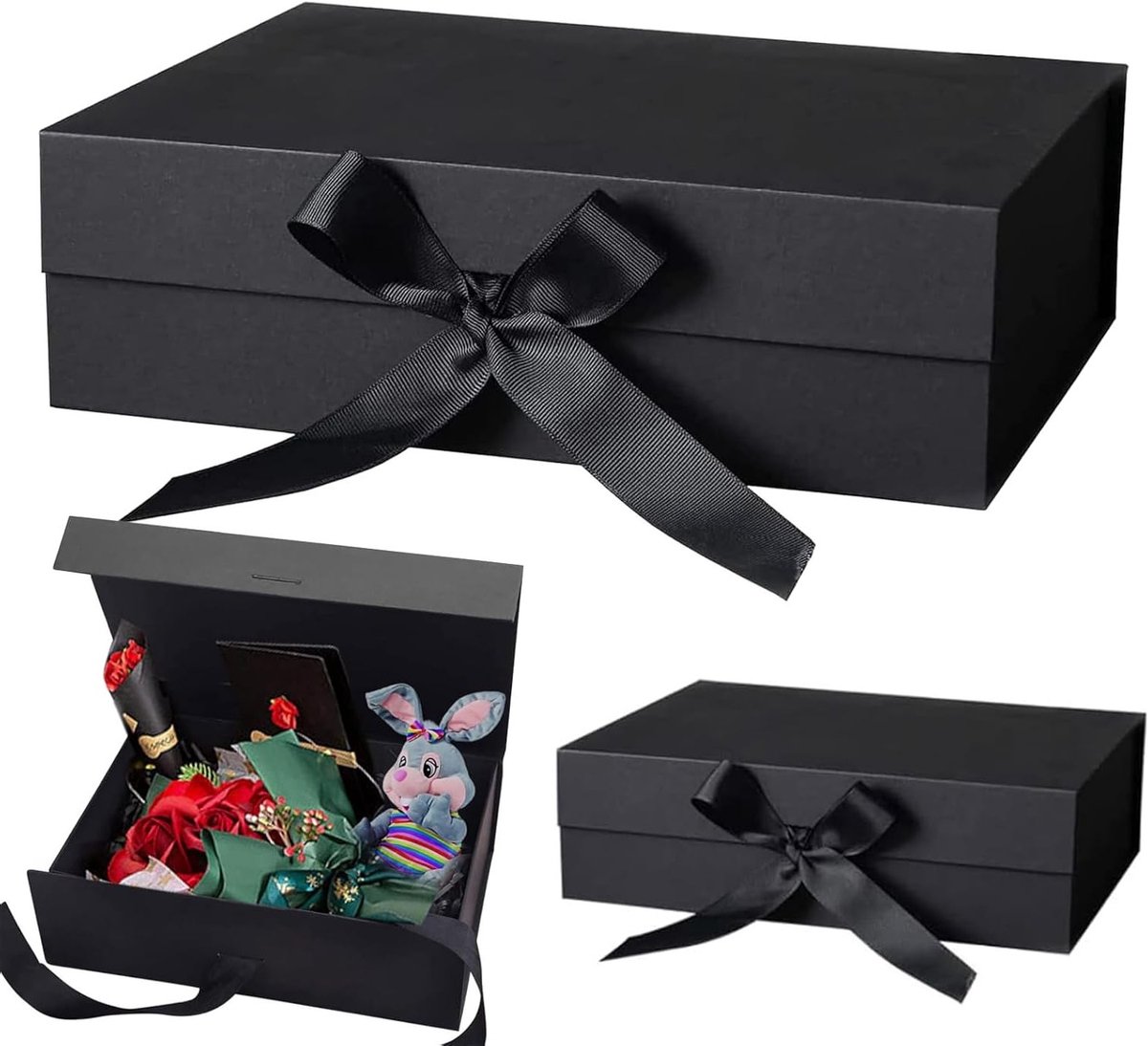 Elegante rechthoekige geschenkdoos met magnetische deksel en lint, perfect voor sieraden en cadeauverpakking, luxe uitstraling in zwart