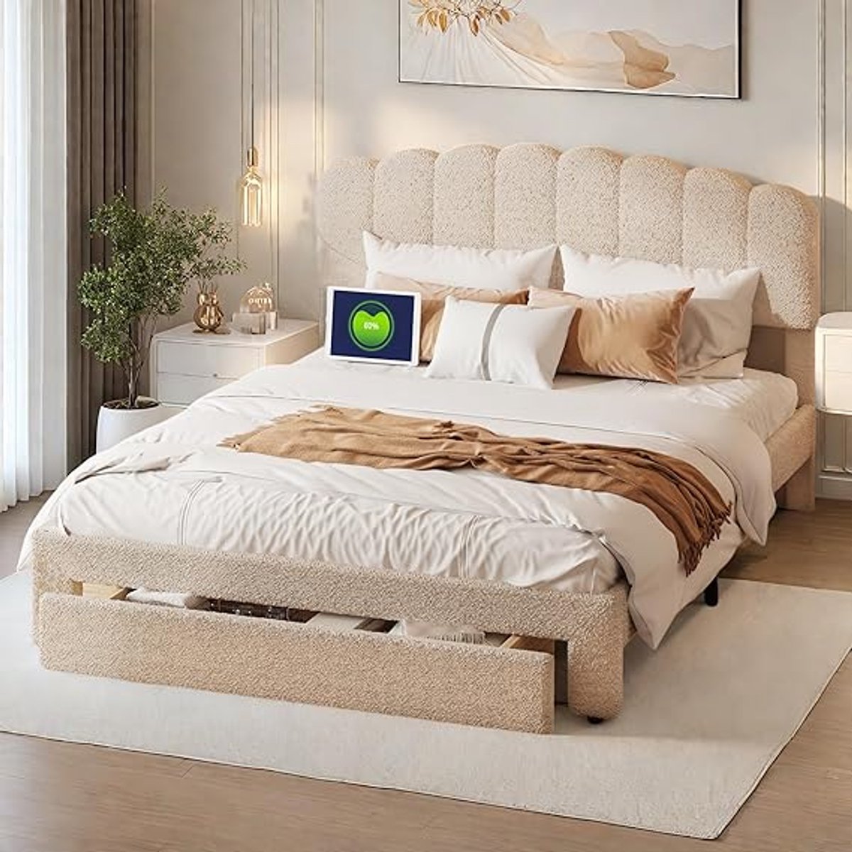 Royal Comfort Teddy Opbergbed 140x200 cm met USB & Type-C Oplaadfunctie, Verstelbaar Hoofdbord en Lade – Luxe Gestoffeerd Tweepersoonsbed met Lattenbodem en Opbergruimte – Beige