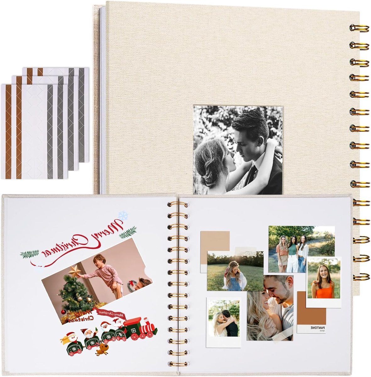 Linnen Fotoalbum met DIY Venster, 20,5 × 20,5 cm Beige Memory Book voor Reizen, Bruiloften en Verjaardagen, Scrapbook met Wit Binnenpapier en Plakboekfunctie